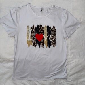 White Short Sleeve Top w/ “Love” Graphic Leopard Print And Red Heart